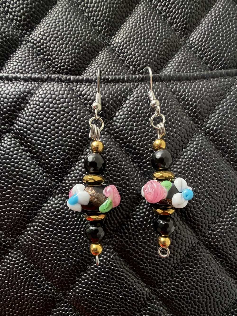 Handcrafted Black Glass Bead Floral Drop Earrings - Unbranded